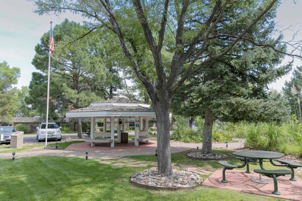 Outdoor gazebo surrounded by trees and grass