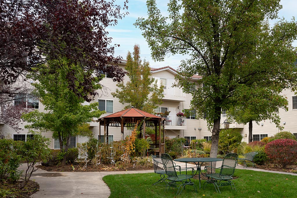 Outdoor space with gazebo and seating area