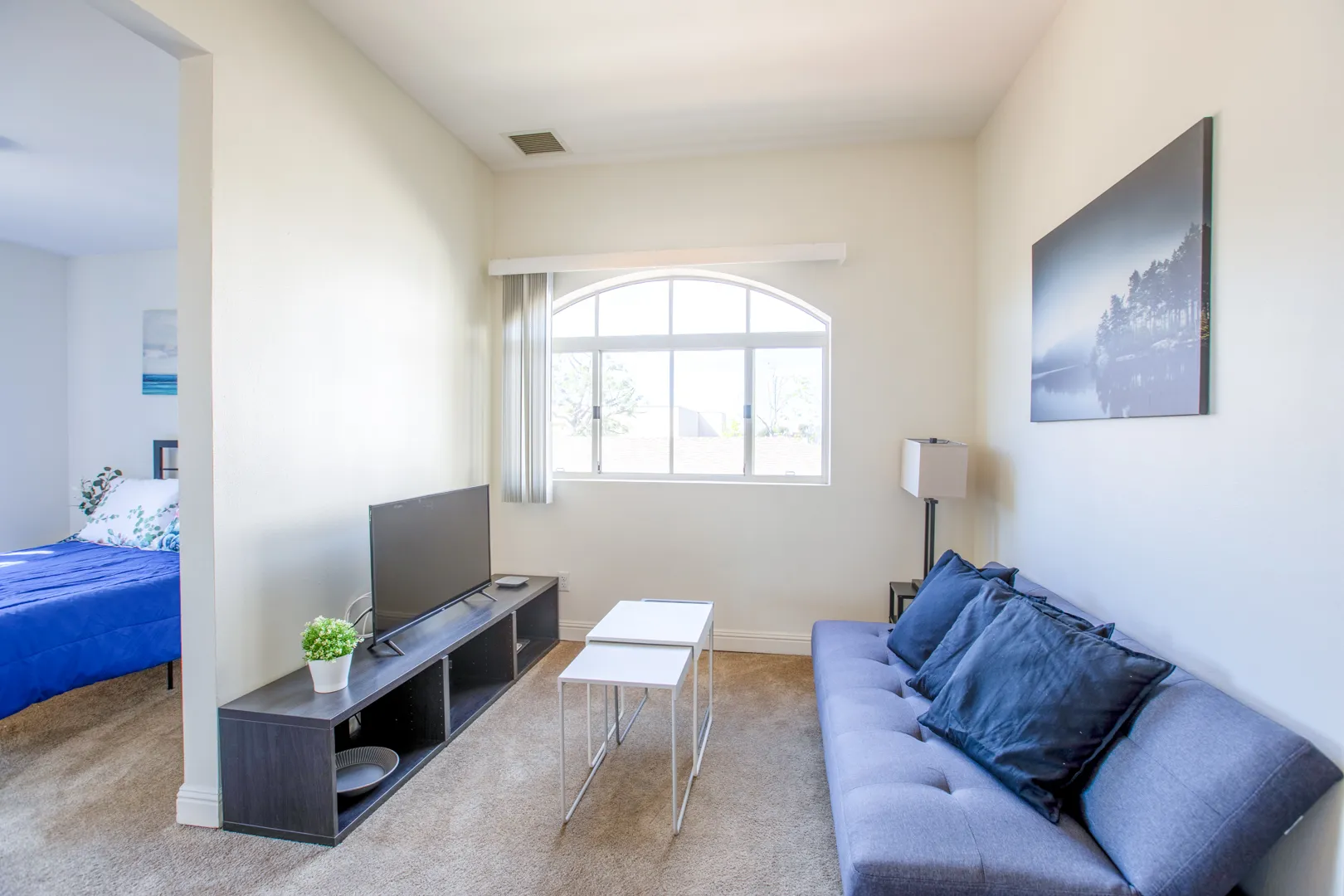 Bright and inviting common area with couch and TV