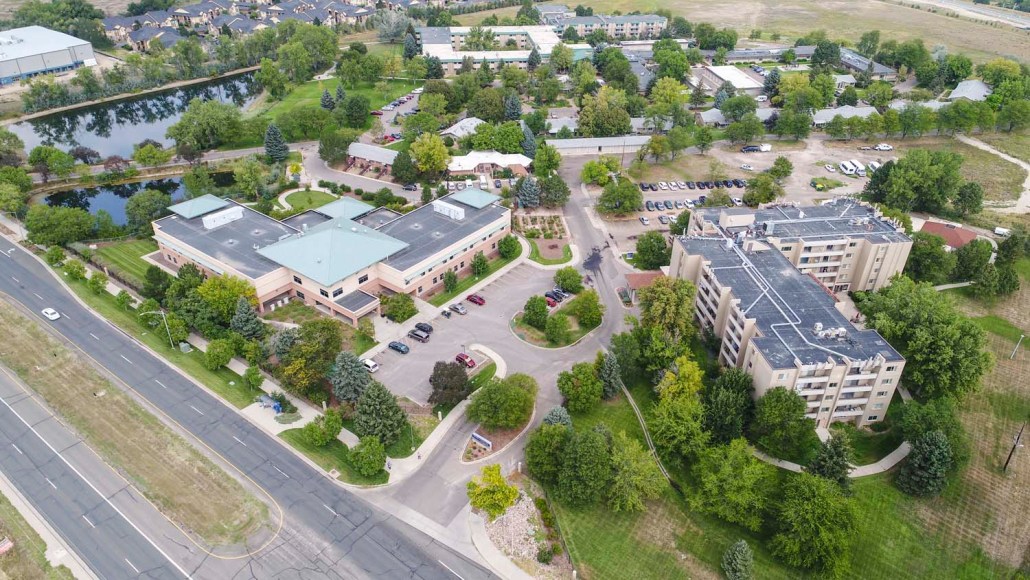 Aerial view of The Villas at Sunny Acres and surrounding grounds