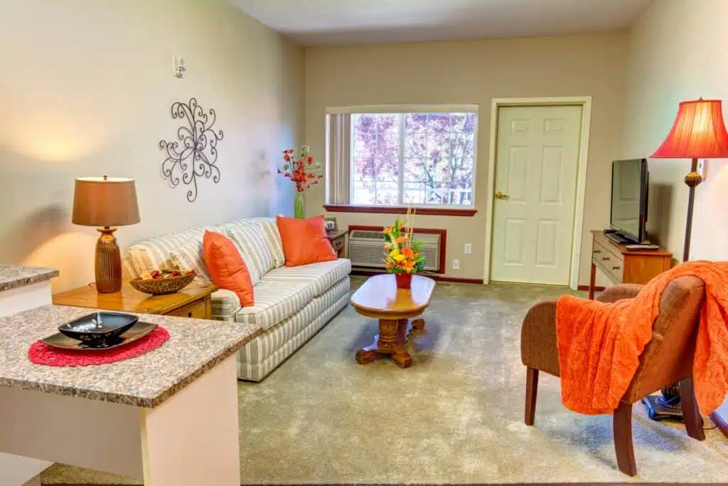 Cozy living area inside a resident suite