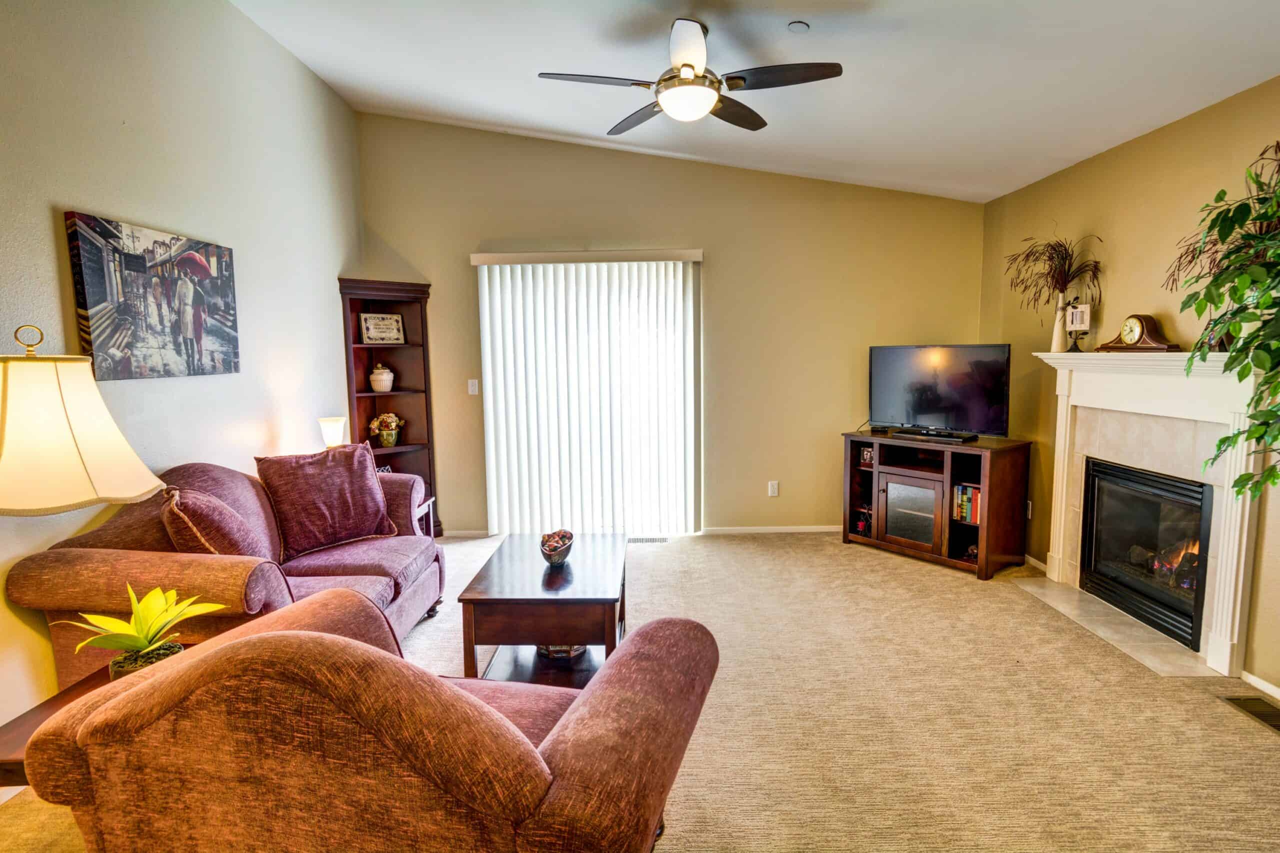 Cozy resident living room with furniture and a fireplace