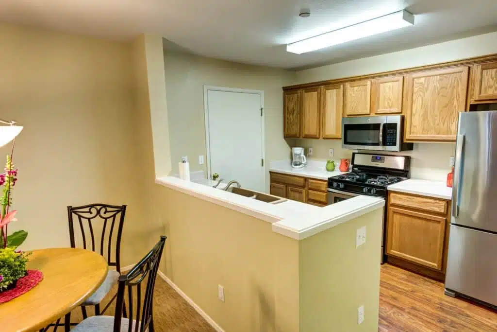Bright kitchen area in an assisted living facility