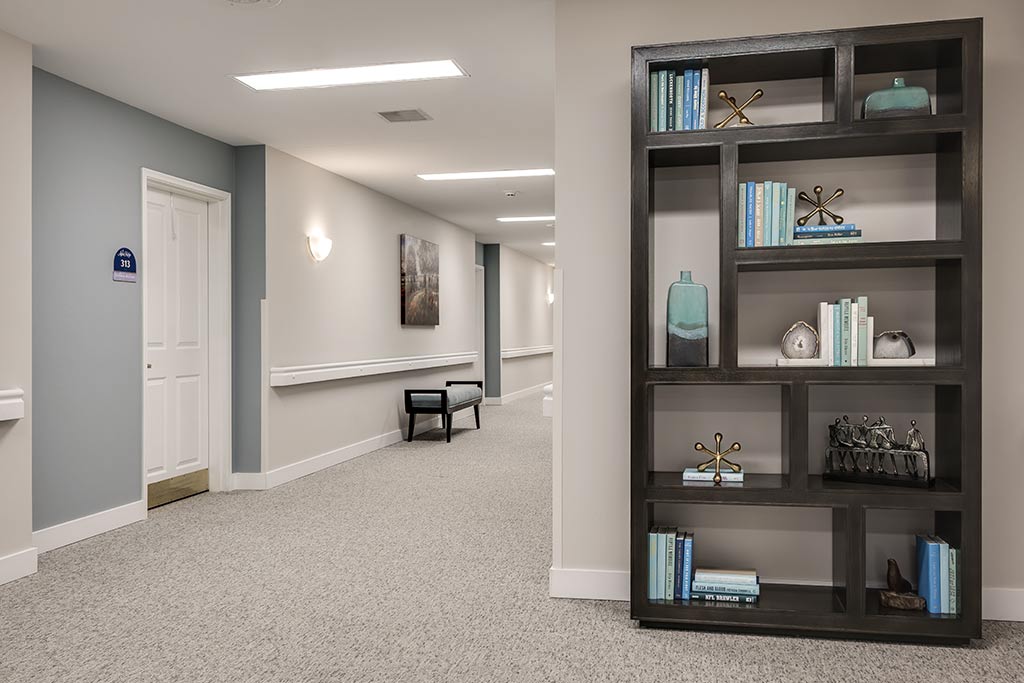 Interior of a well-decorated hallway with a bookshelf