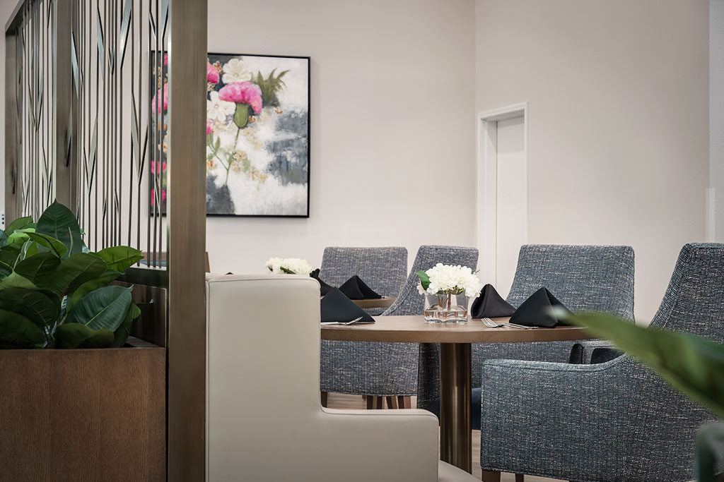 Dining area with elegant decor and seating