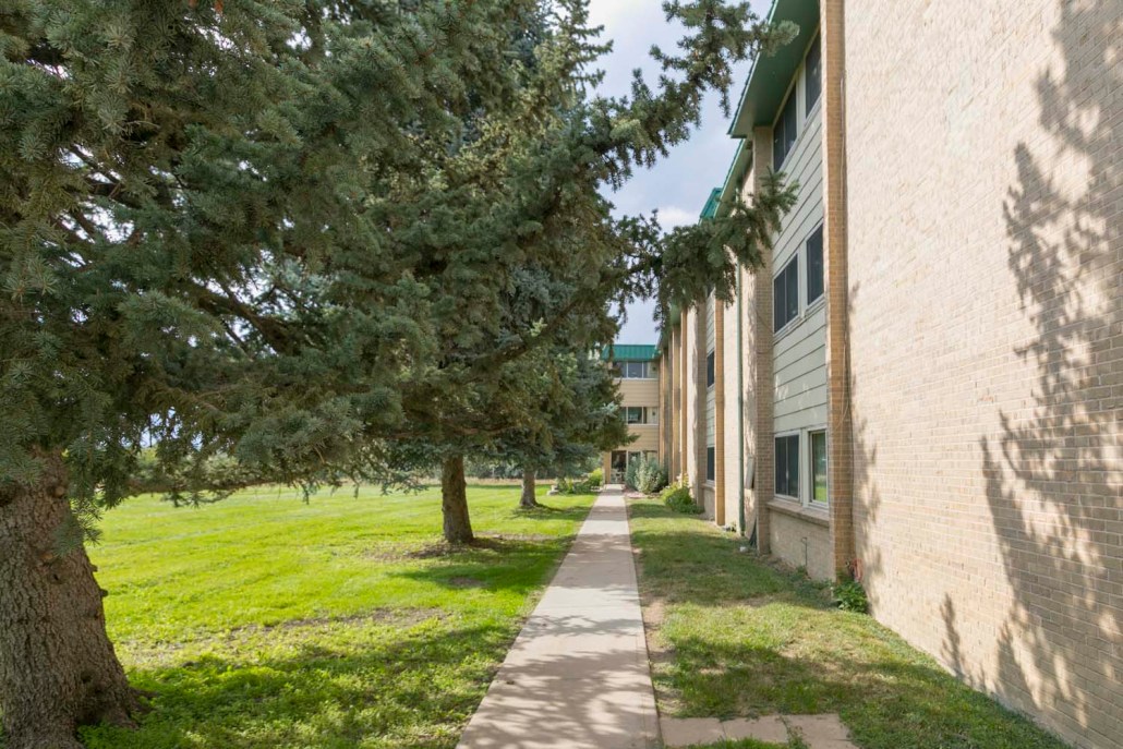 Pathway through green space leading to the building