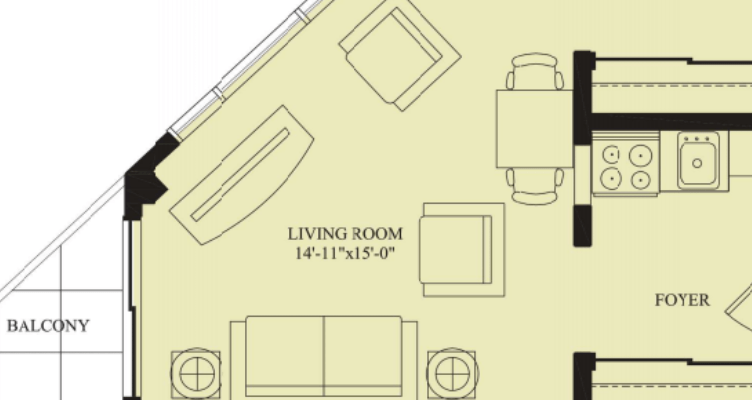 Architectural floor plan showing a living room and foyer