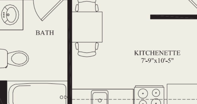 Architectural floor plan of a kitchenette and bath