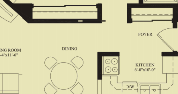 Architectural floor plan of a dining area and kitchen