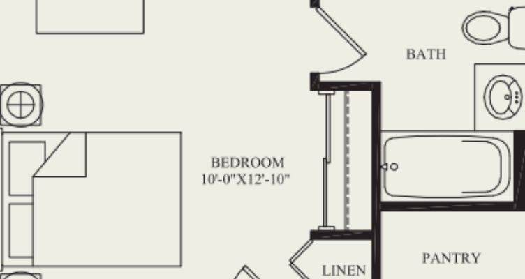 Architectural floor plan layout of a bedroom and bath
