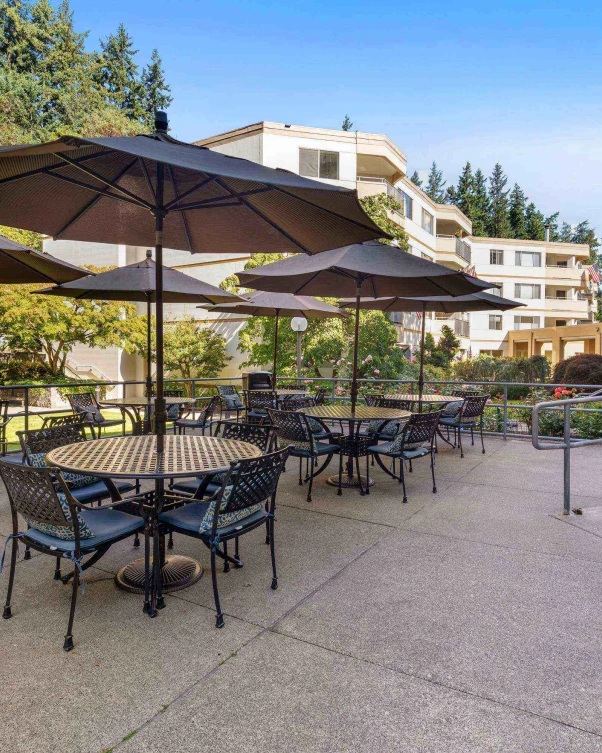 Outdoor seating area with tables and umbrellas
