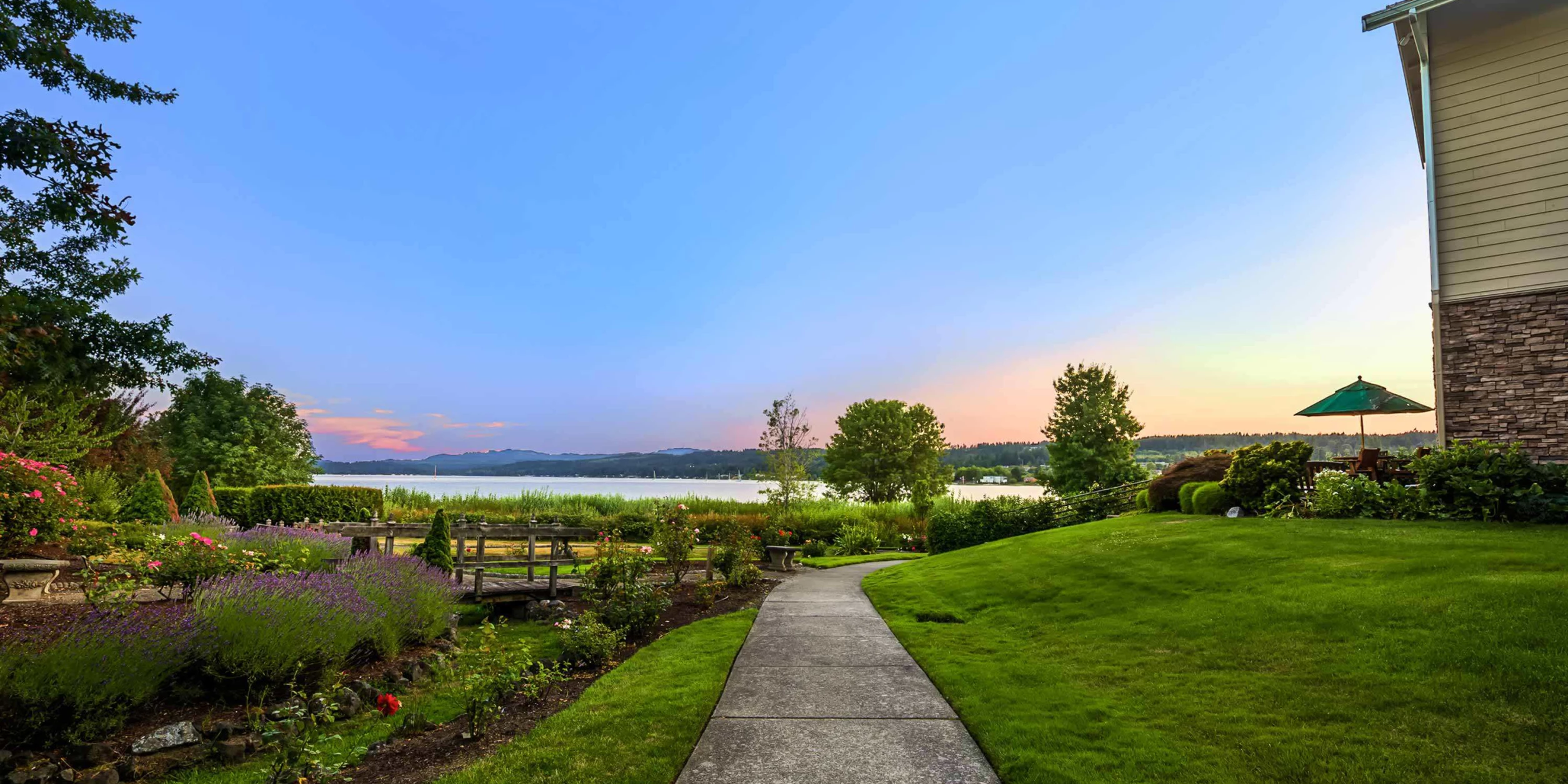 Pathway through landscaped gardens near the lake