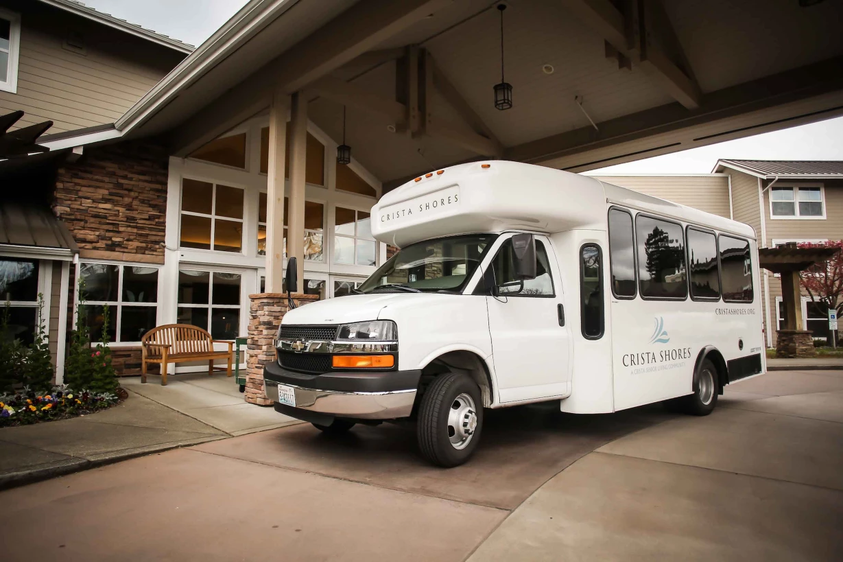 Facility shuttle parked at the entrance