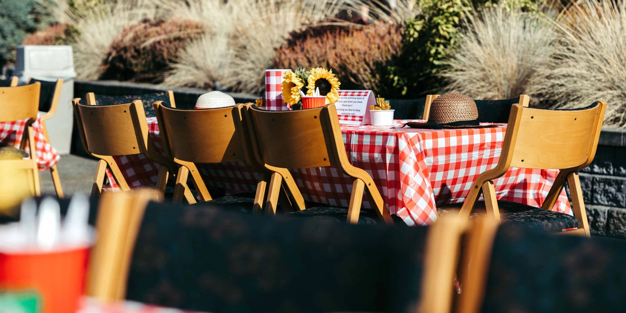 Outdoor dining setup with checkered tablecloths