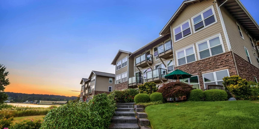 Exterior view of Cristwood assisted living facility at sunset