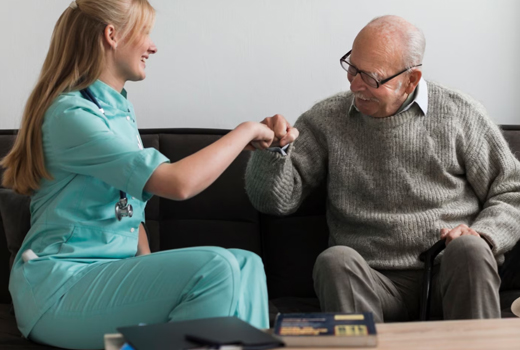 Nurse interacting with an elderly resident