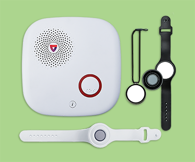Medical alert devices on a green background.
