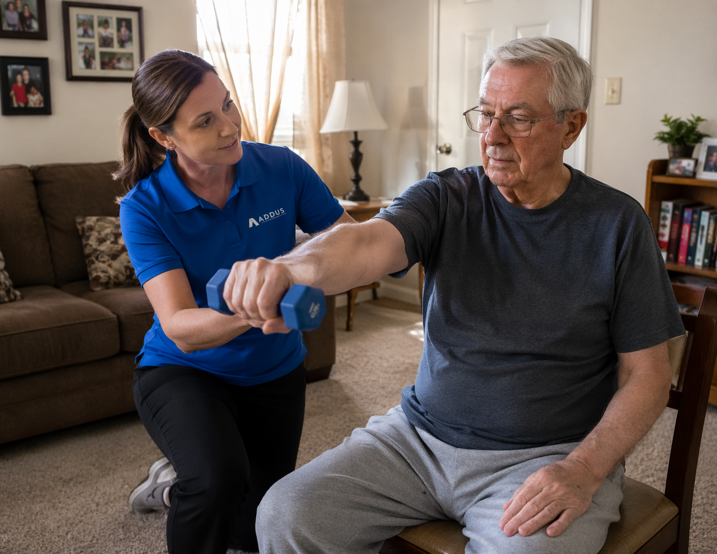 Caregiver assisting elderly man with weights
