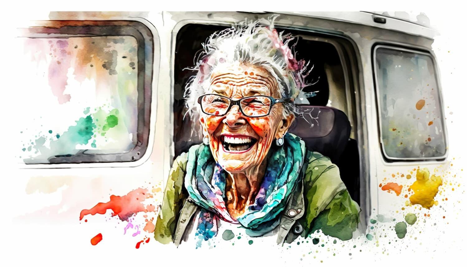 Elderly woman smiling in a vehicle setting.