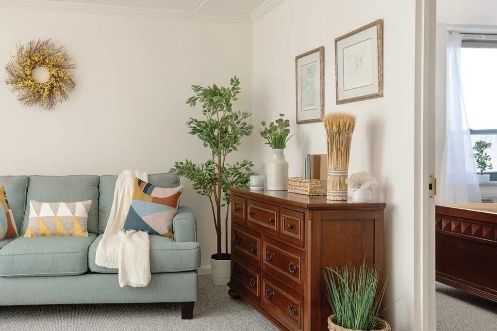 Cozy interior living space with furniture and decor.