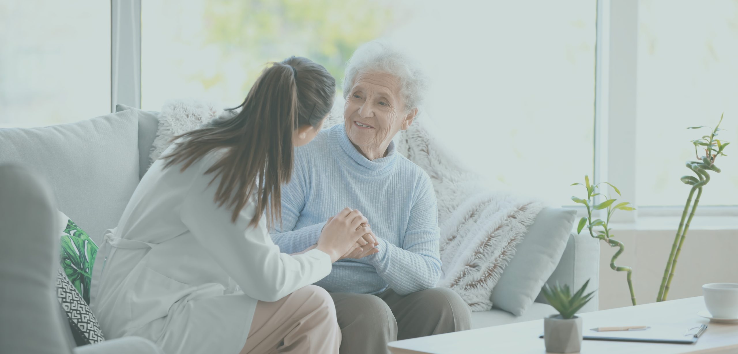 Caregiver interacting with an elder woman in a cozy setting.