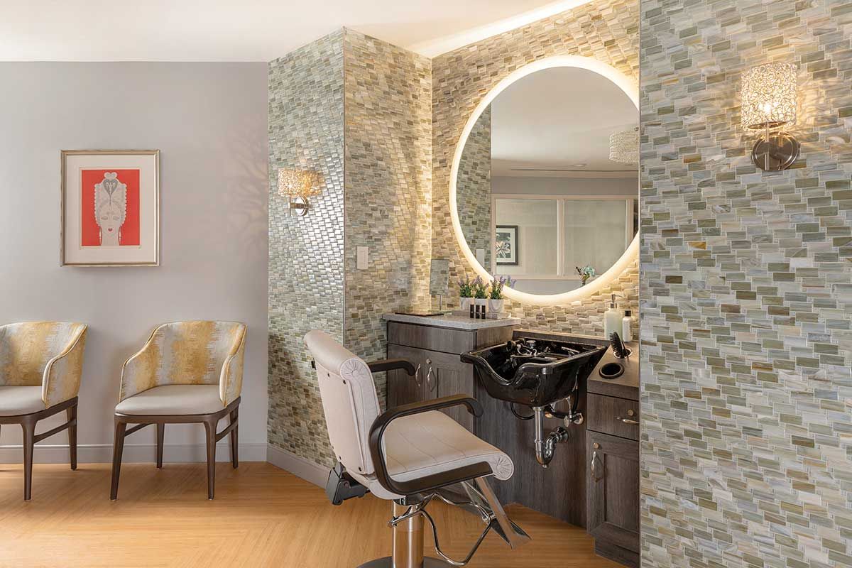 Salon area with stylish decor and seating.