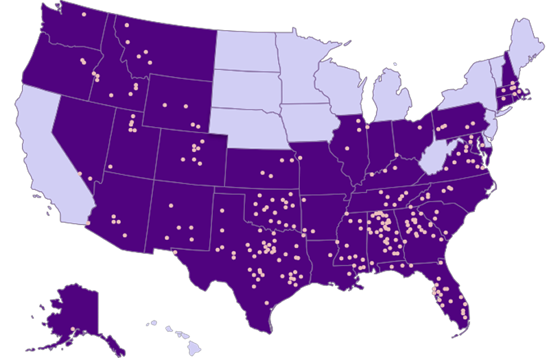 Map of locations related to hospice services.