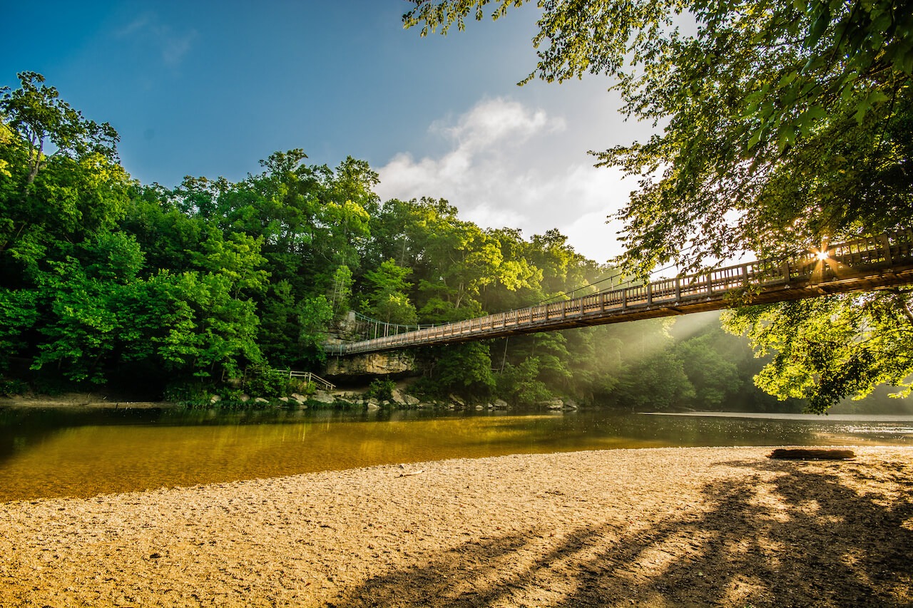 Scenic view of a bridge over a serene river