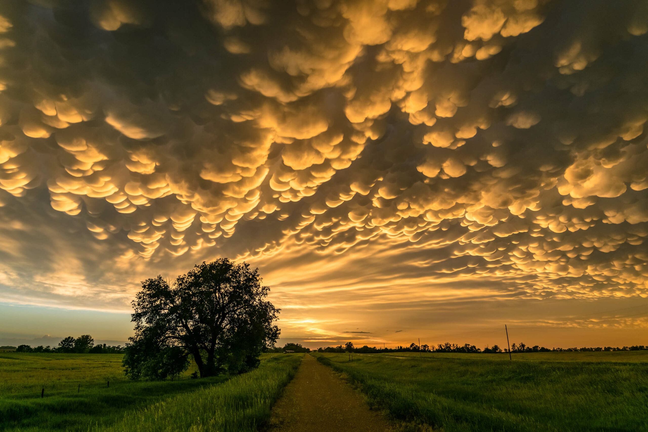 Colorful clouds over a rural landscape at sunset.
