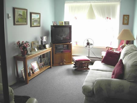 Cozy common area with a sofa and fan