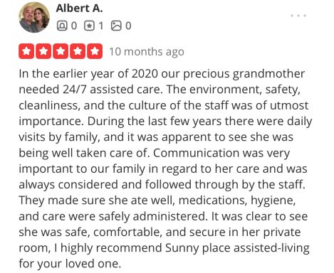 Five-star review highlighting staff and care