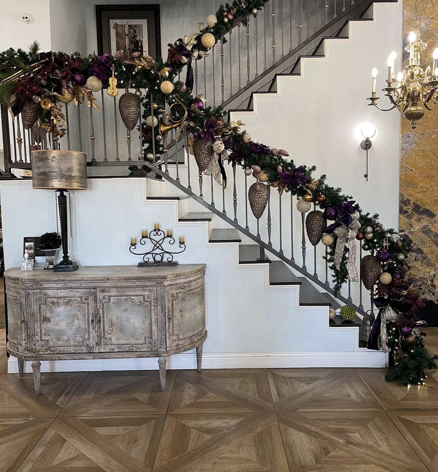 Festively decorated staircase in the facility's lobby.