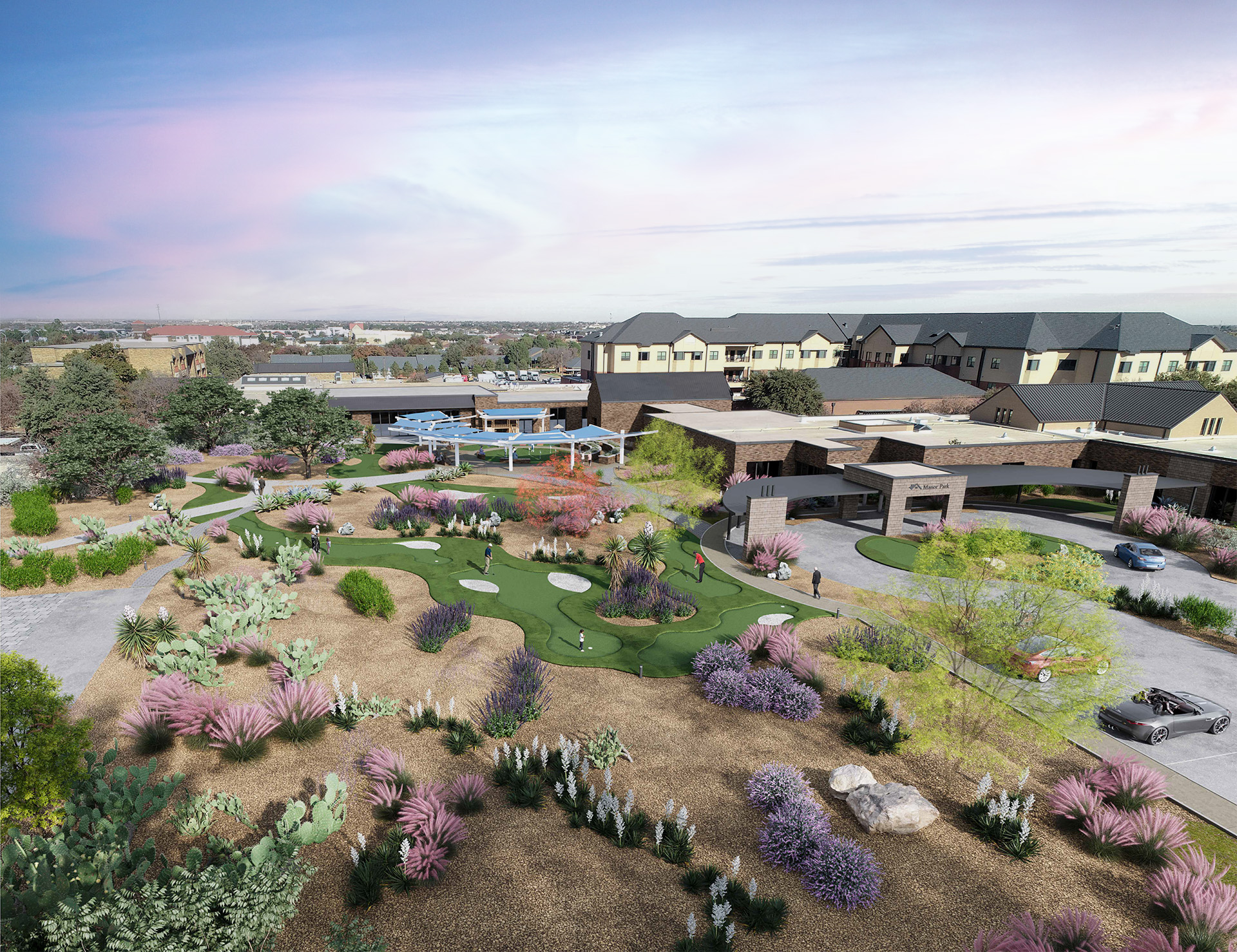 Aerial view of landscaped outdoor space with walking paths.