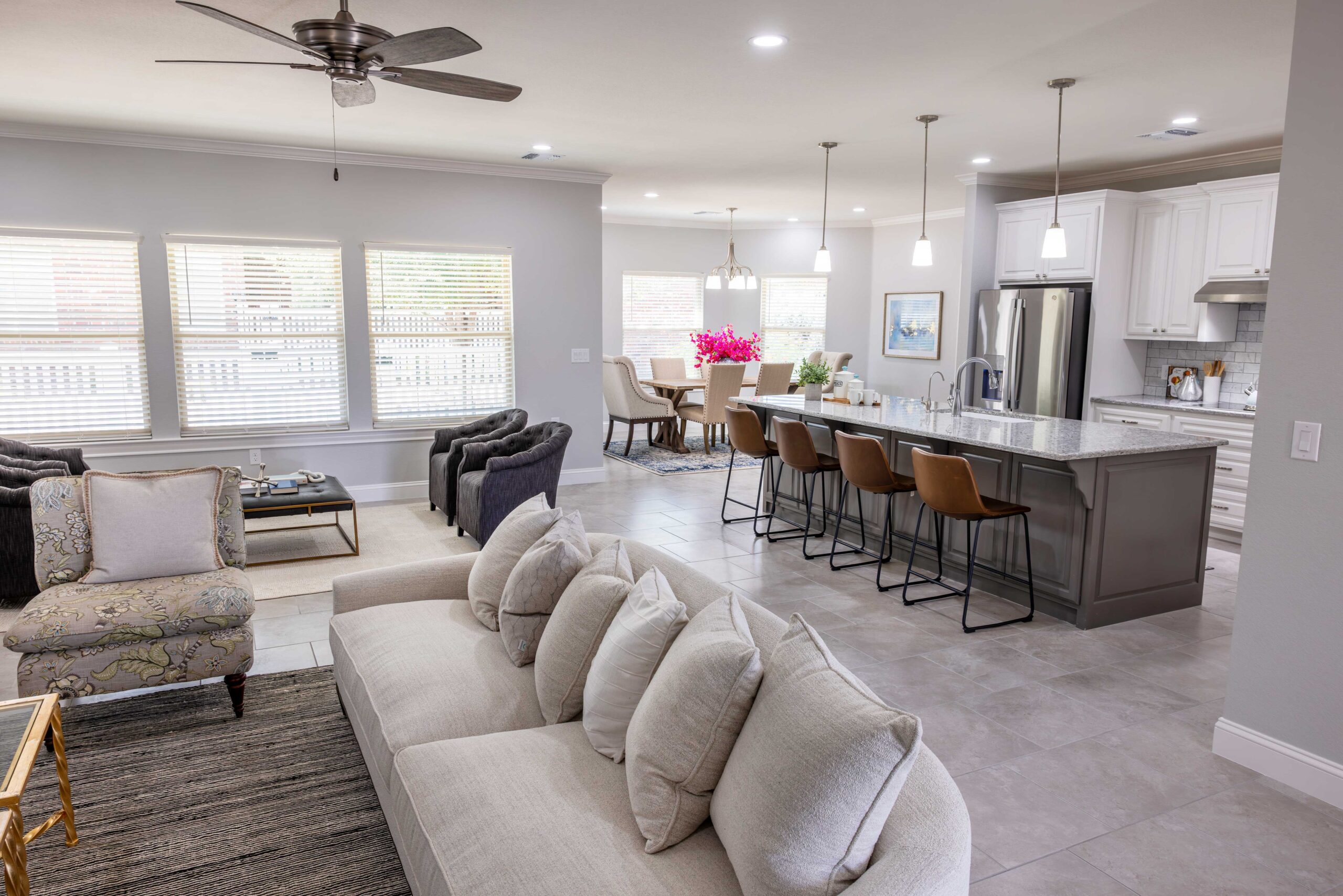 Interior view of a modern common area with seating