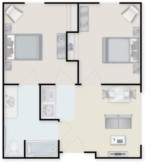 Architectural floor plan of a shared living space