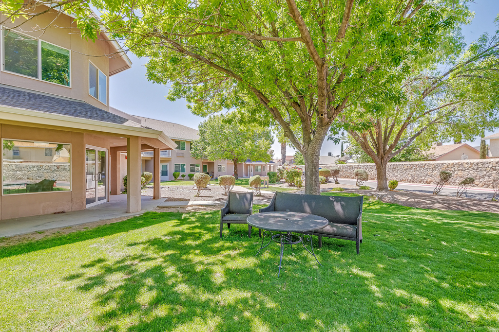Outdoor seating area with trees and facility building