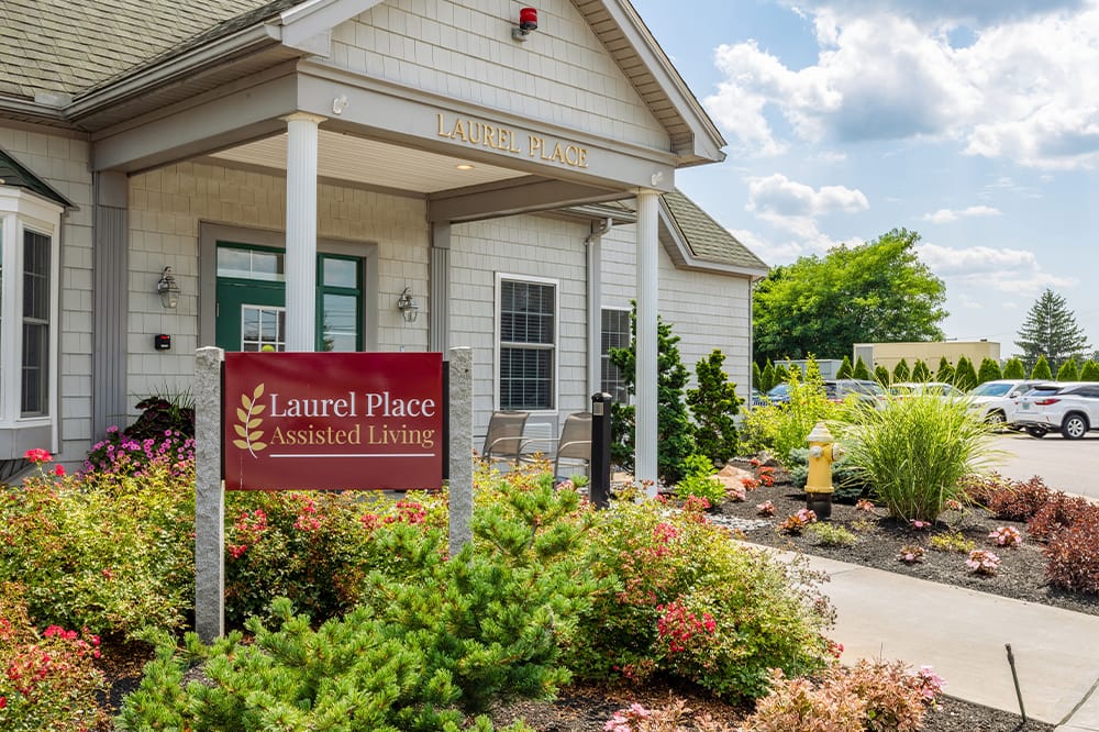 Entrance of Laurel Place Assisted Living with landscaping