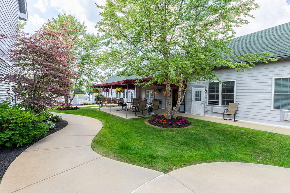 Garden patio area with seating and pathways