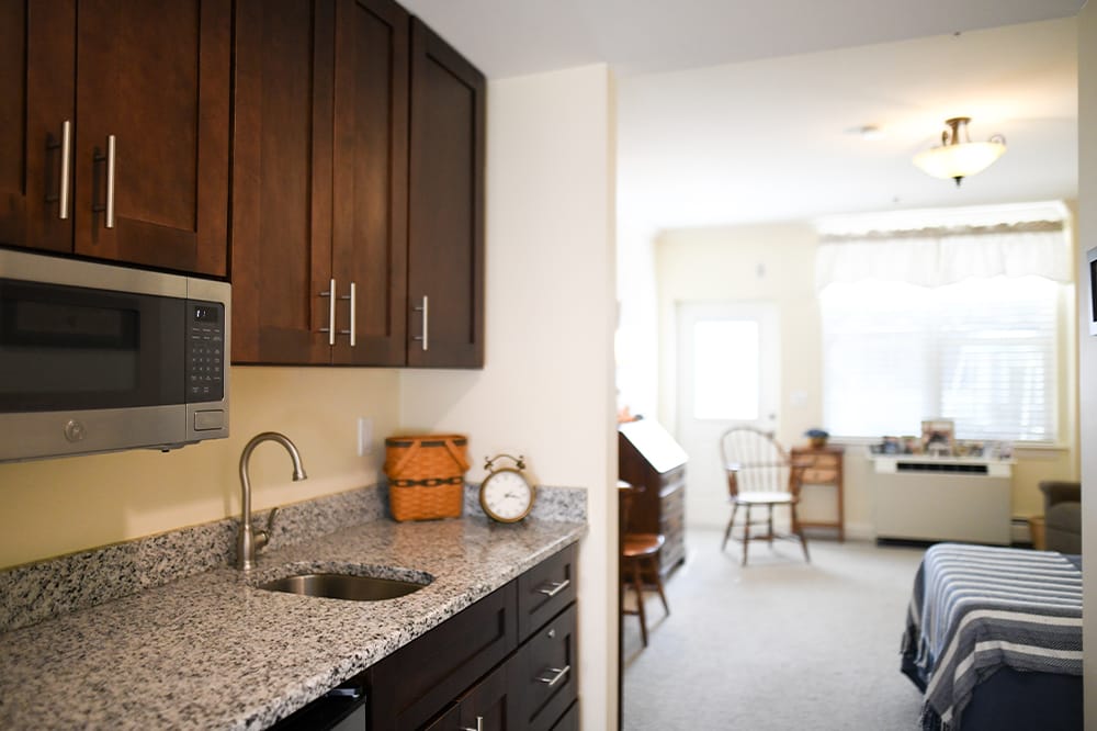 Interior view of a resident's apartment kitchen