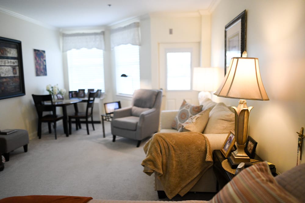 Cozy living room interior with seating and dining area