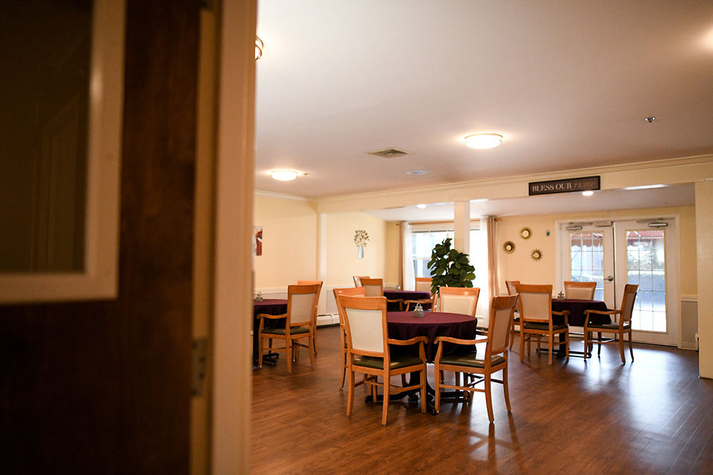 Interior view of a dining room with tables