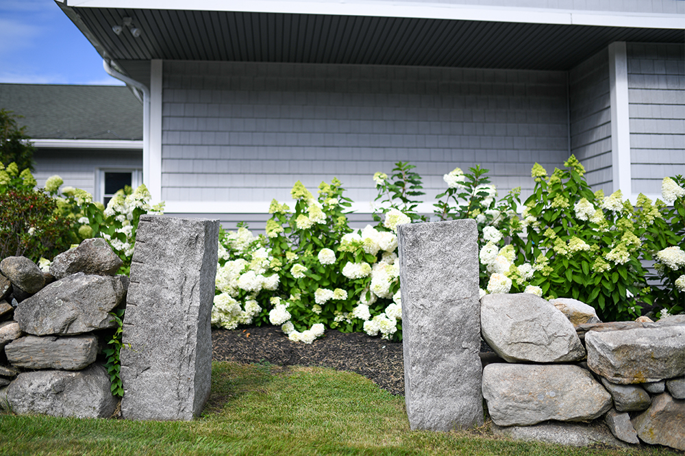 Outdoor garden area with white flowers and stone entryway