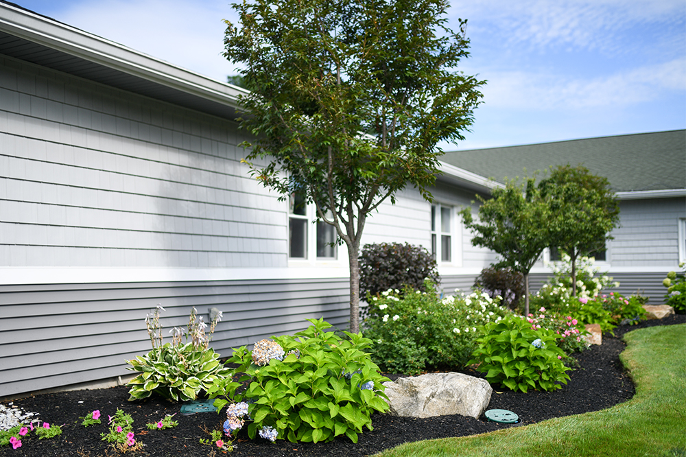 Lush garden adjacent to a gray facility building