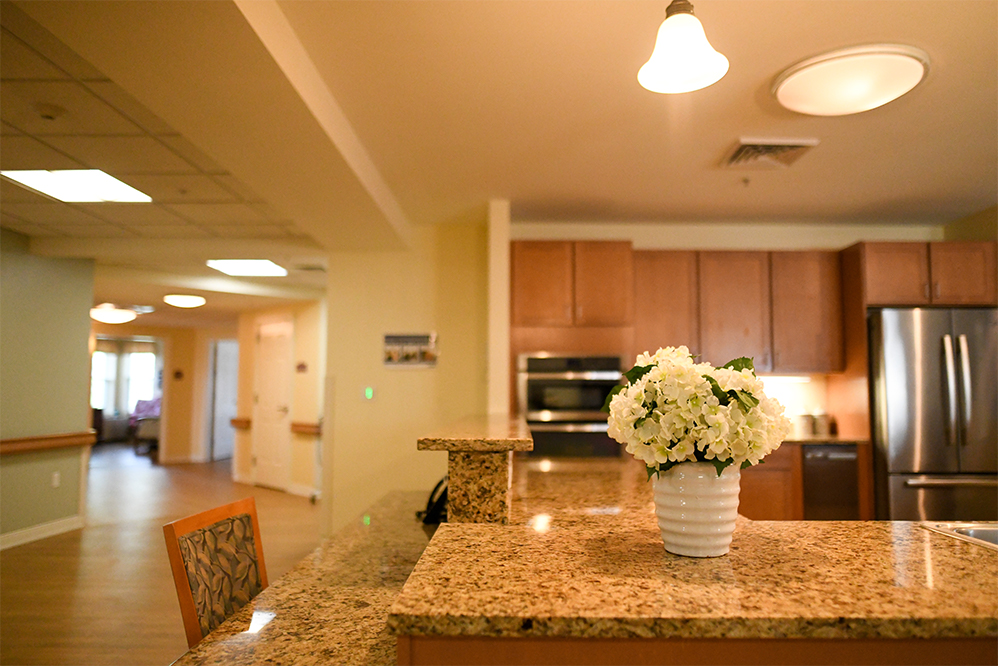 Cozy common kitchen area with flowers on the counter