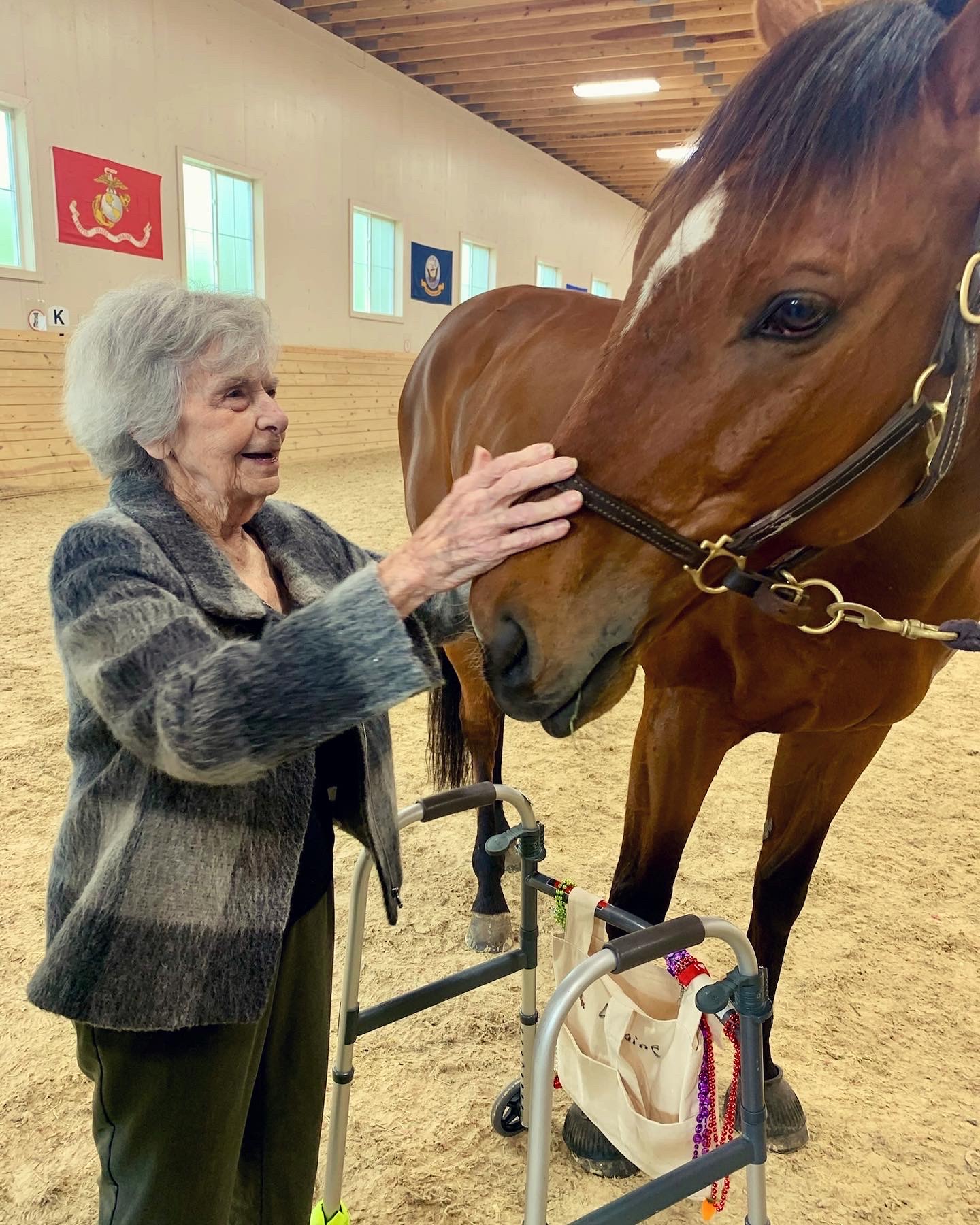 Resident interacting with a horse indoors