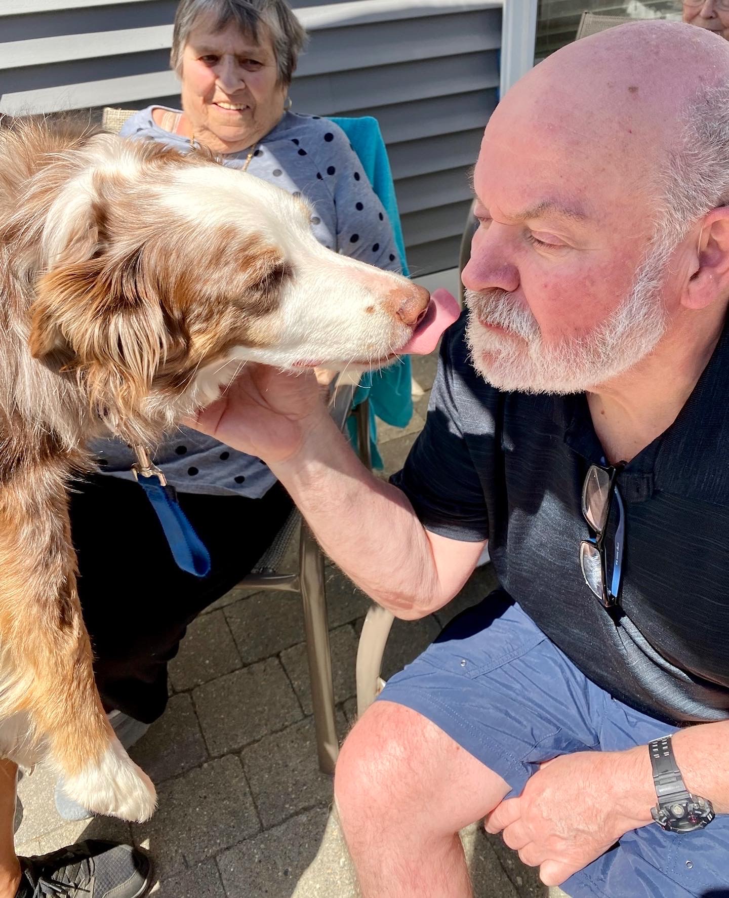 Resident interacting with a dog in a casual setting