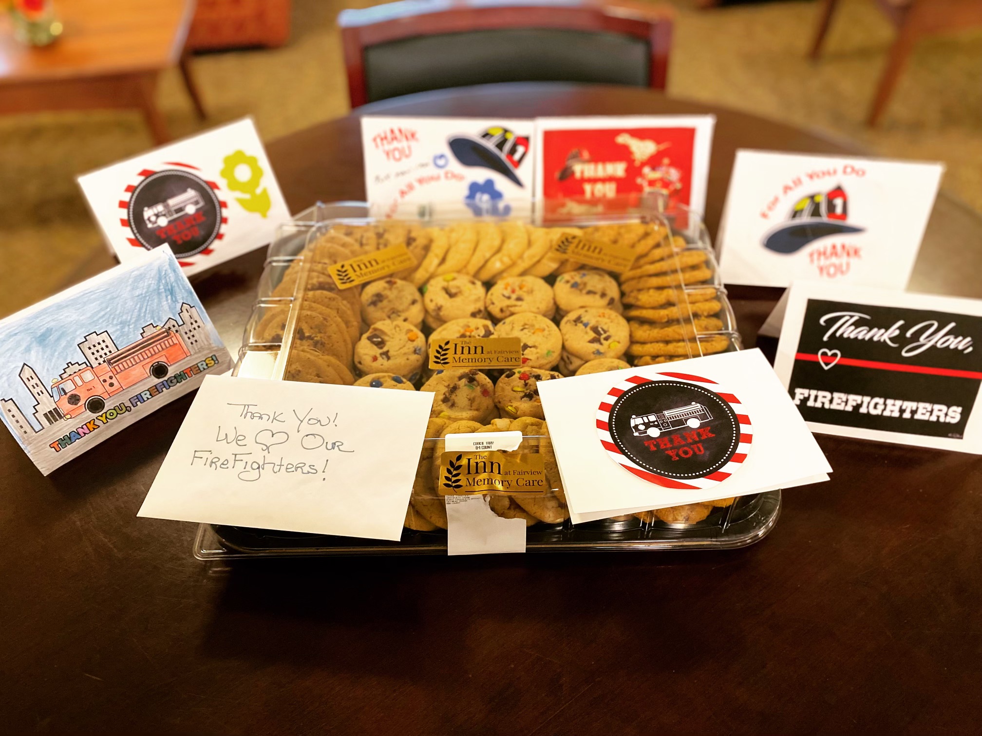 Tray of cookies with thank you signs for firefighters