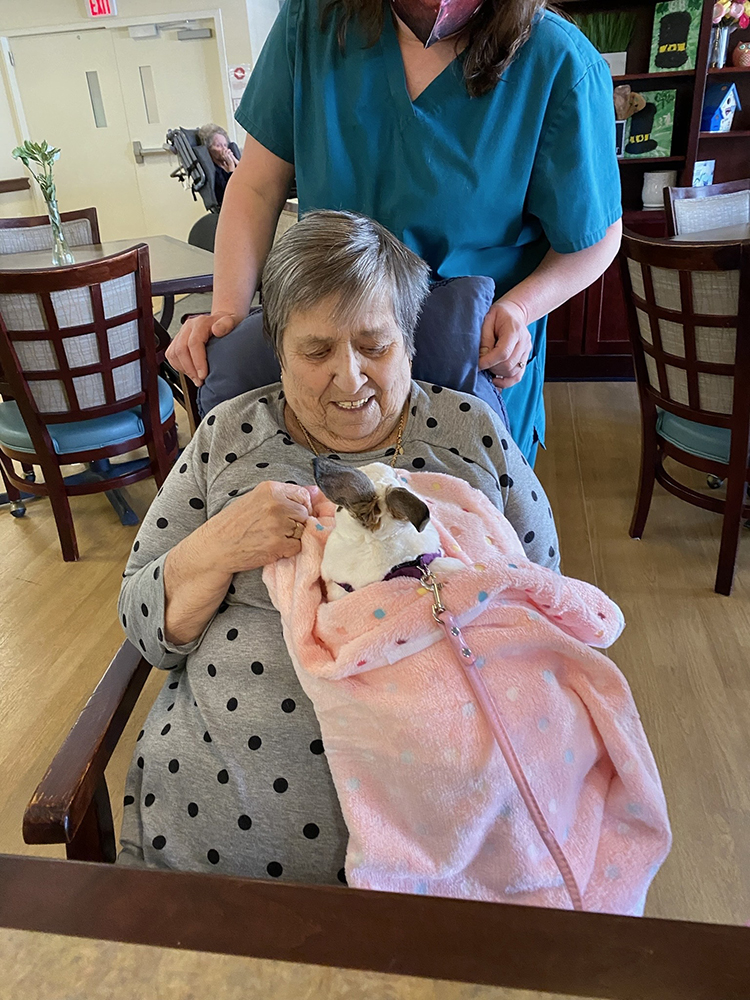 Resident enjoying time with a pet bunny in the lounge