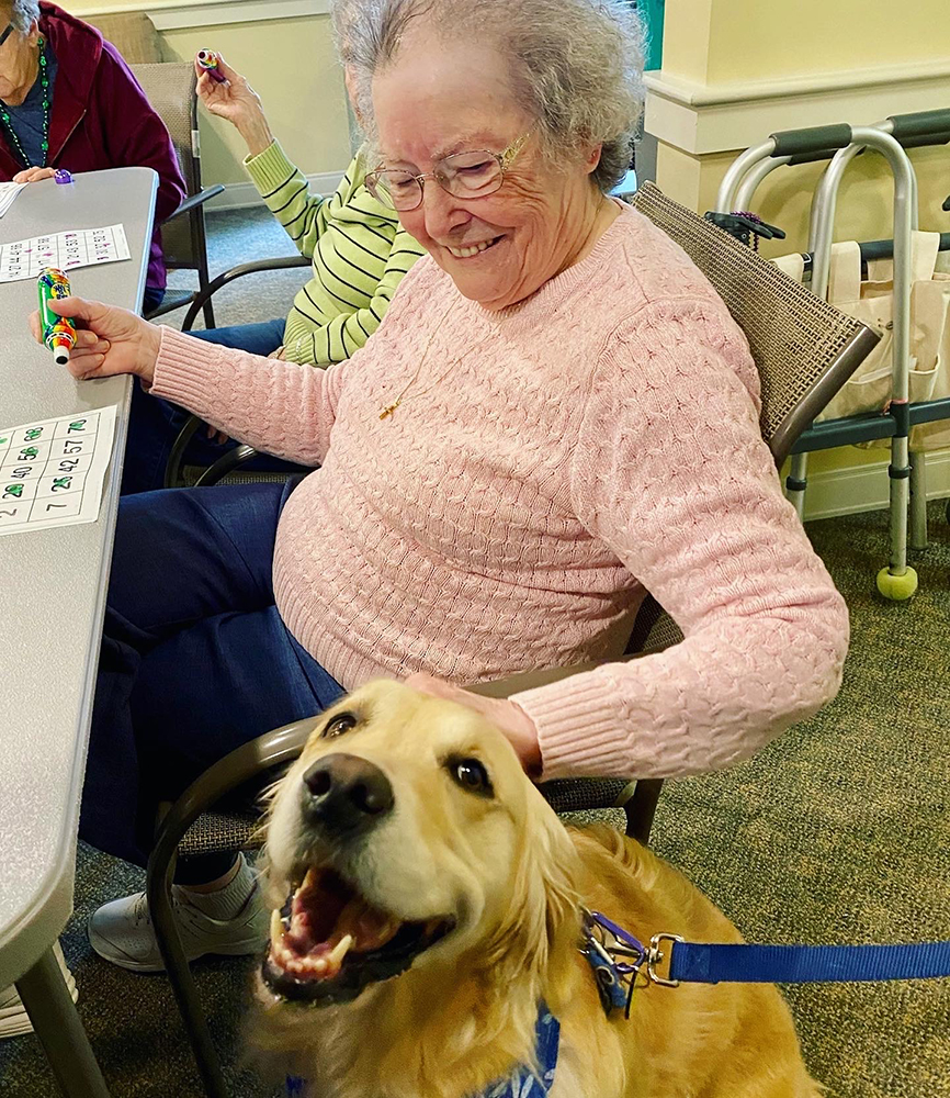 Resident playing bingo with a dog companion
