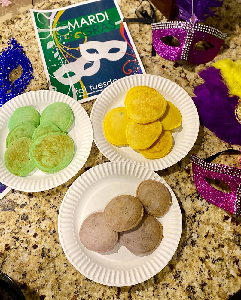 Colorful pancakes for Mardi Gras celebration